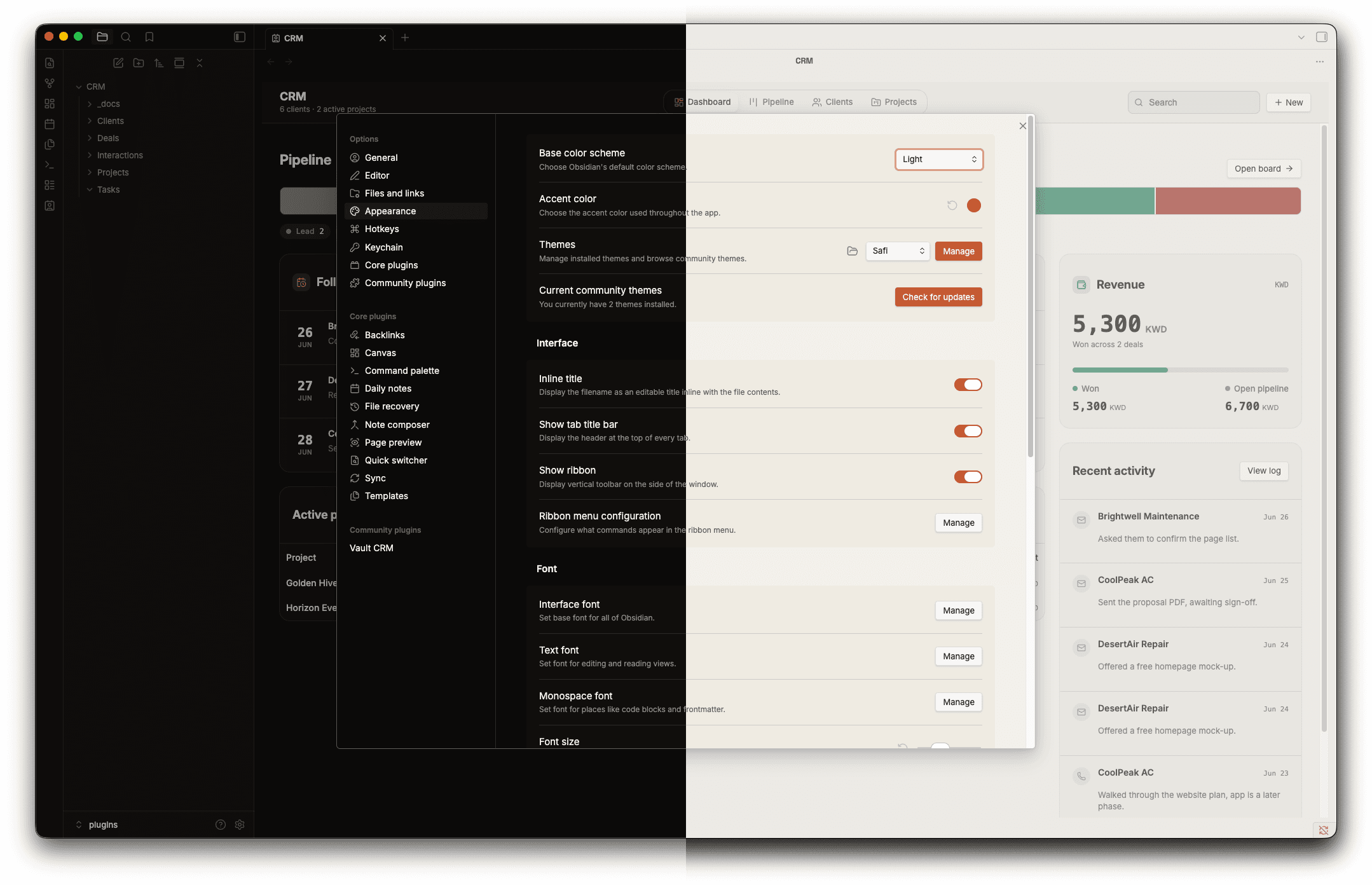 Screenshot of the Safi Obsidian theme