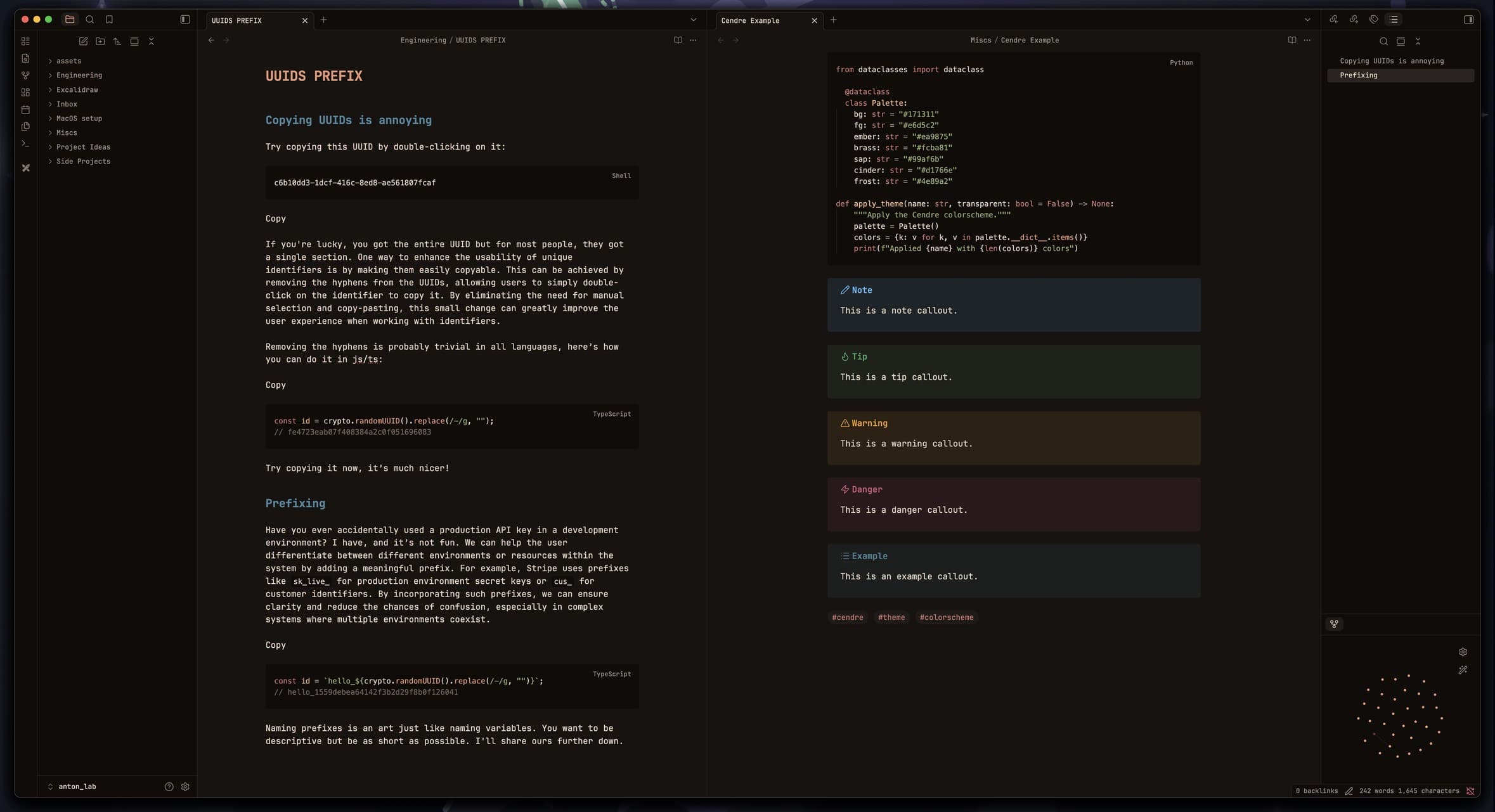 Screenshot of the cendre Obsidian theme
