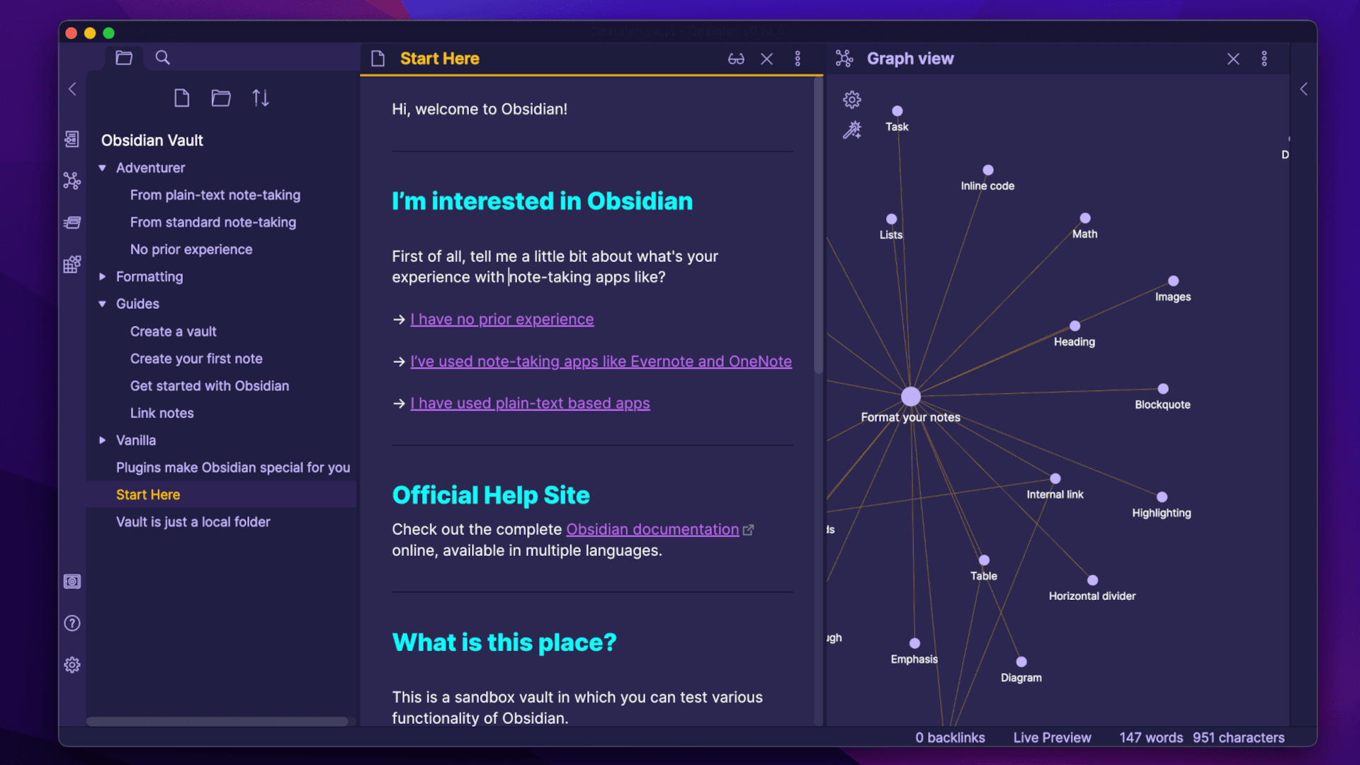 Screenshot of the Violet Evening Obsidian theme