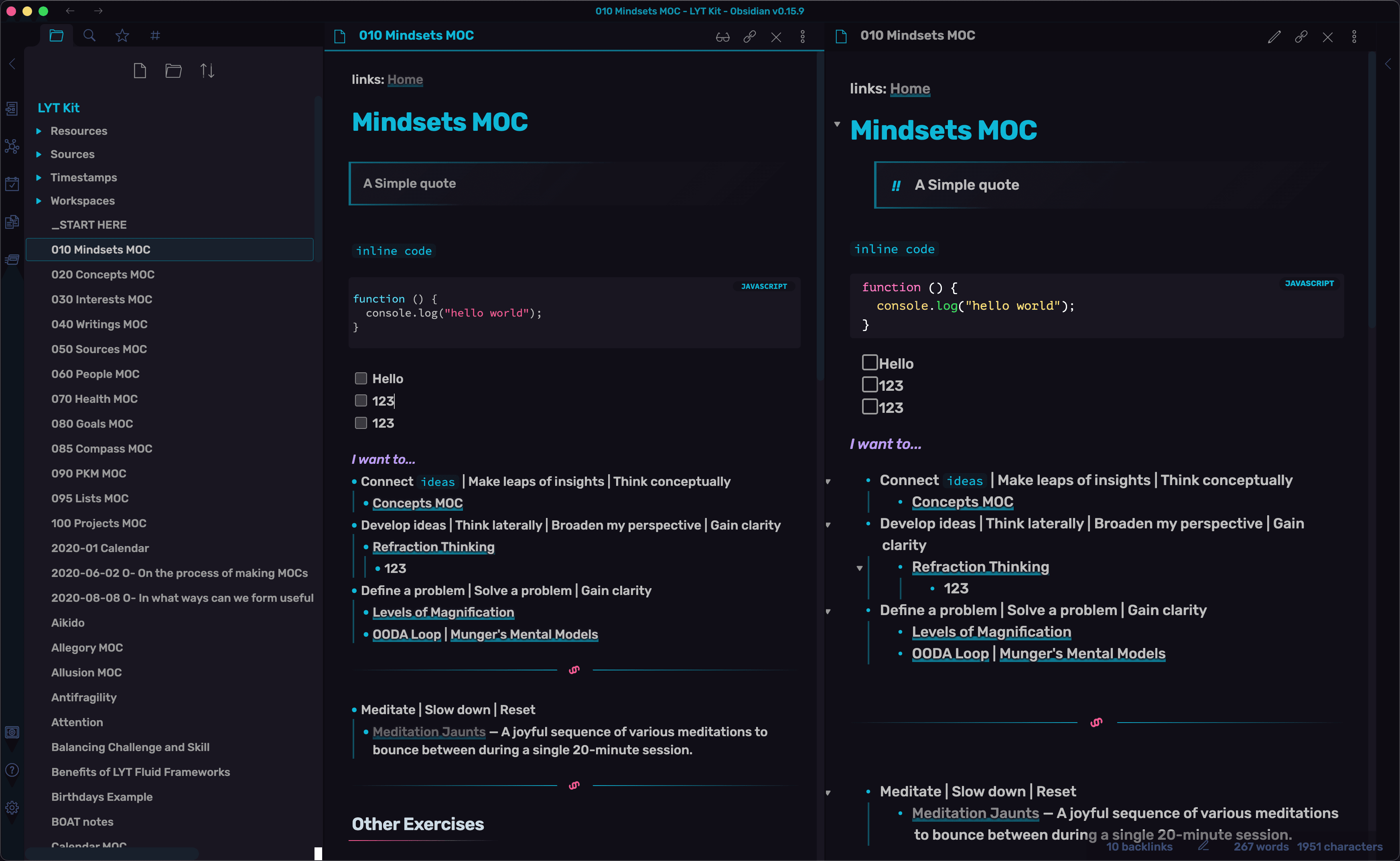 Screenshot of the Obsidianite Obsidian theme