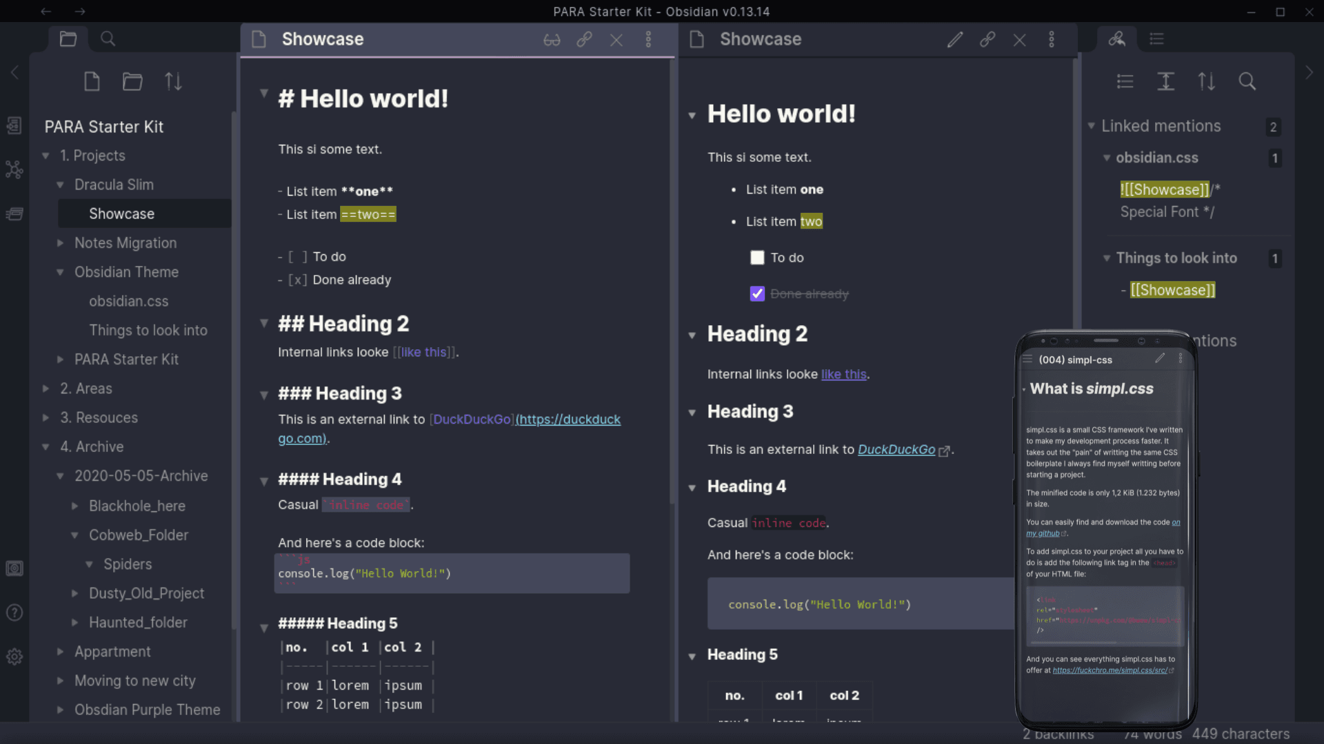 Screenshot of the Dracula Slim Obsidian theme