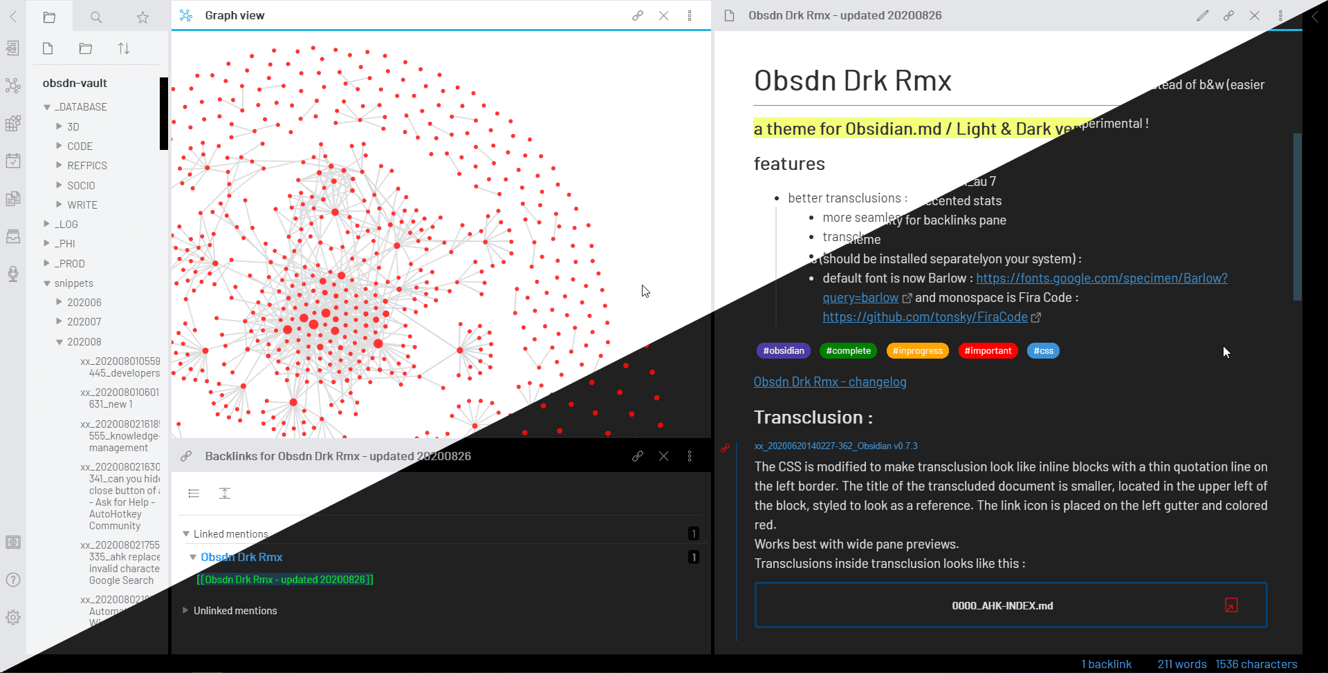 Screenshot of the Obsdn-Dark-Rmx Obsidian theme