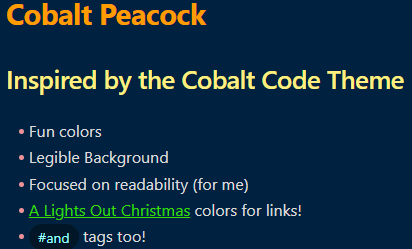 Screenshot of the Cobalt Peacock Obsidian theme