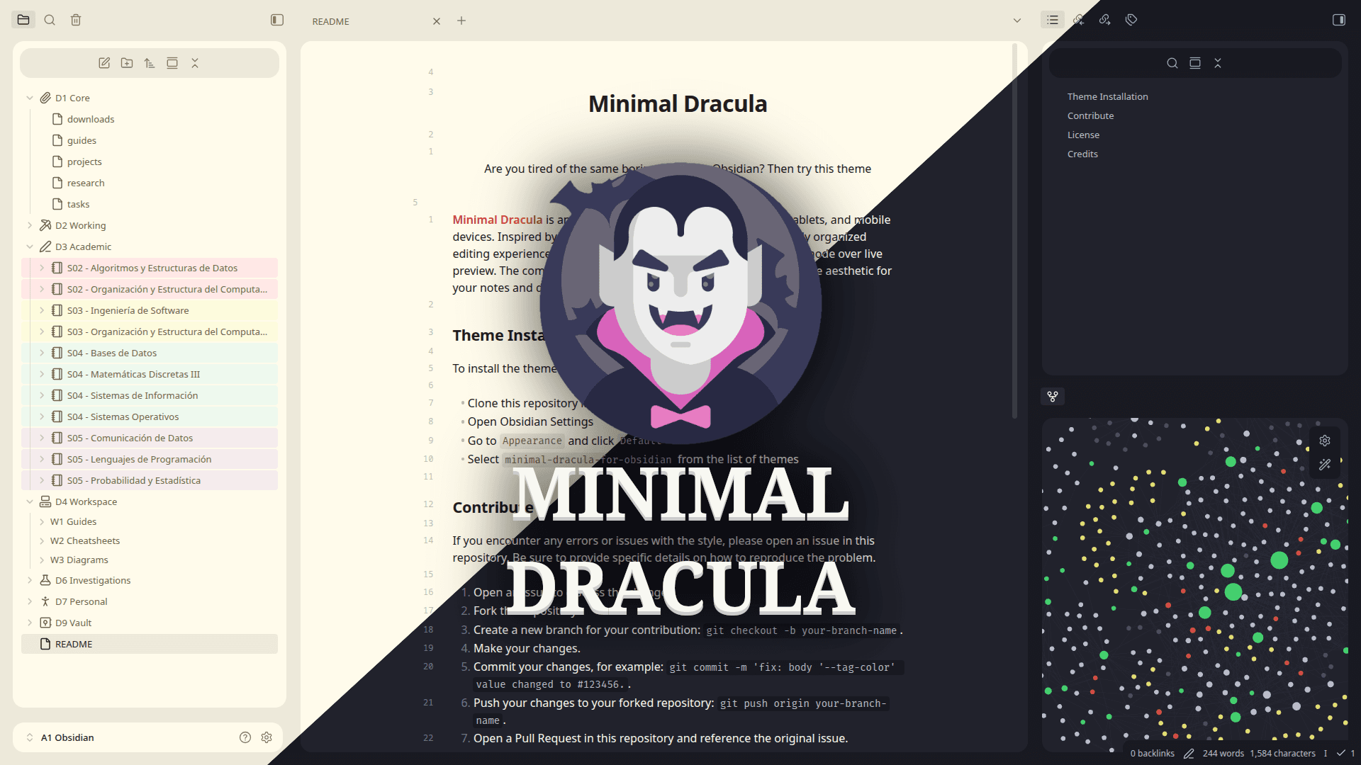 Screenshot of the Minimal Dracula Obsidian theme