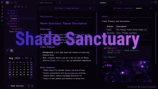 Screenshot of the Shade Sanctuary Obsidian theme