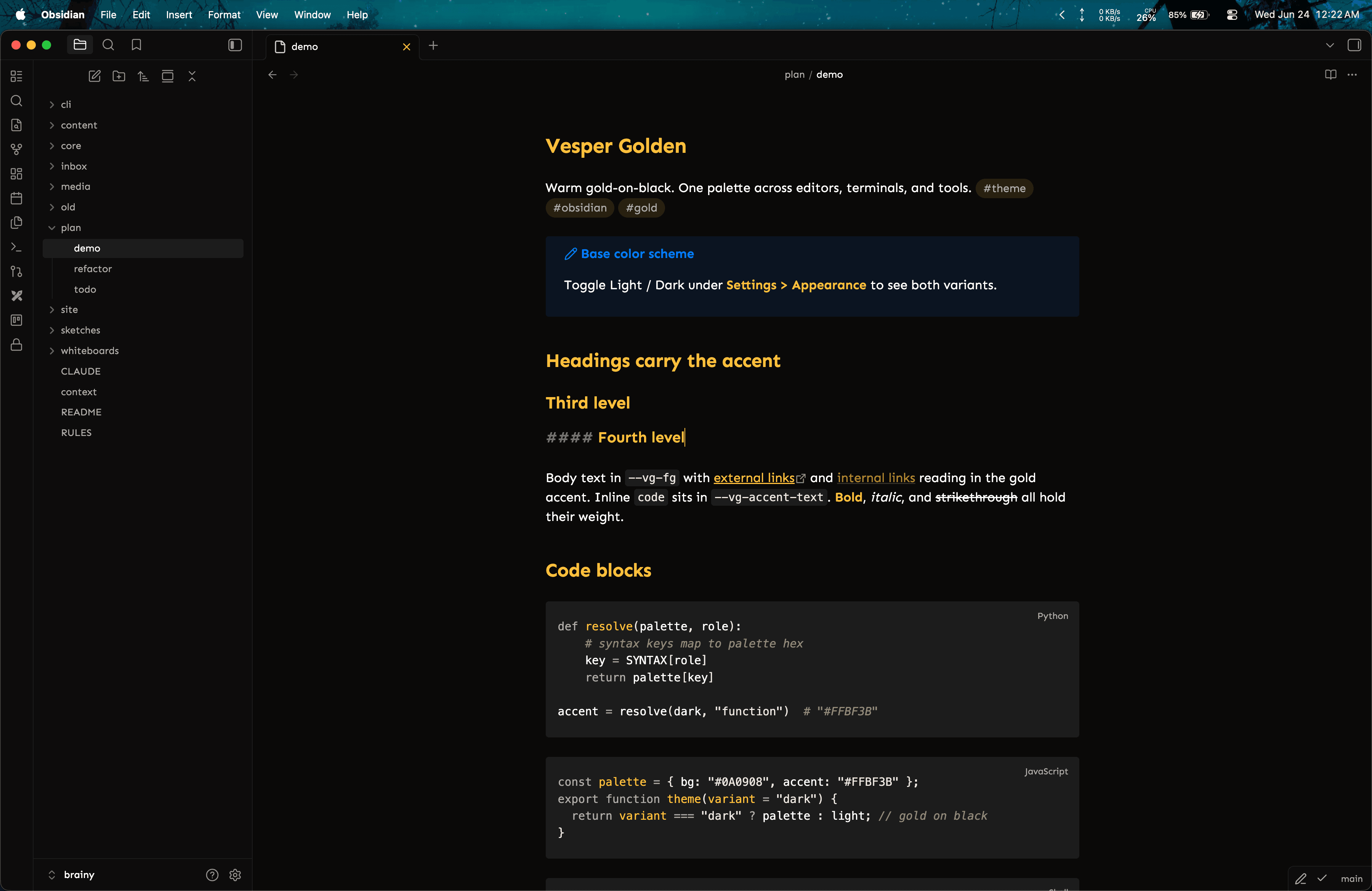 Screenshot of the Vesper Golden Obsidian theme