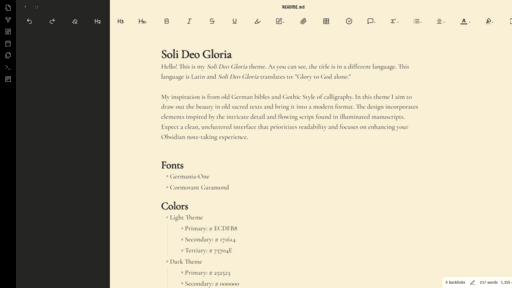 Screenshot of the Soli Deo Gloria Obsidian theme