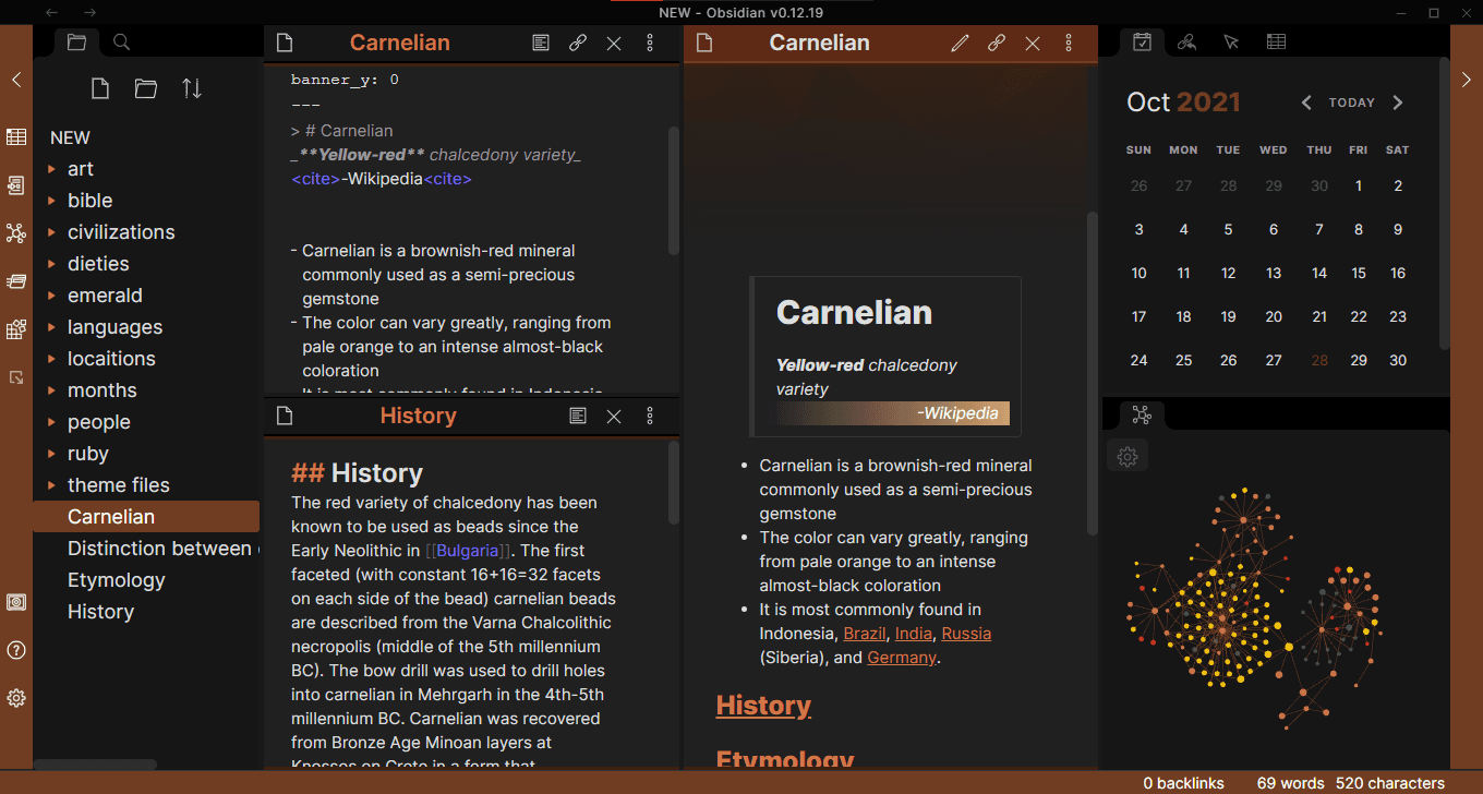 Screenshot of the Carnelian Obsidian theme