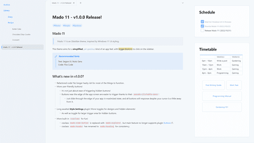 Screenshot of the Mado 11 Obsidian theme