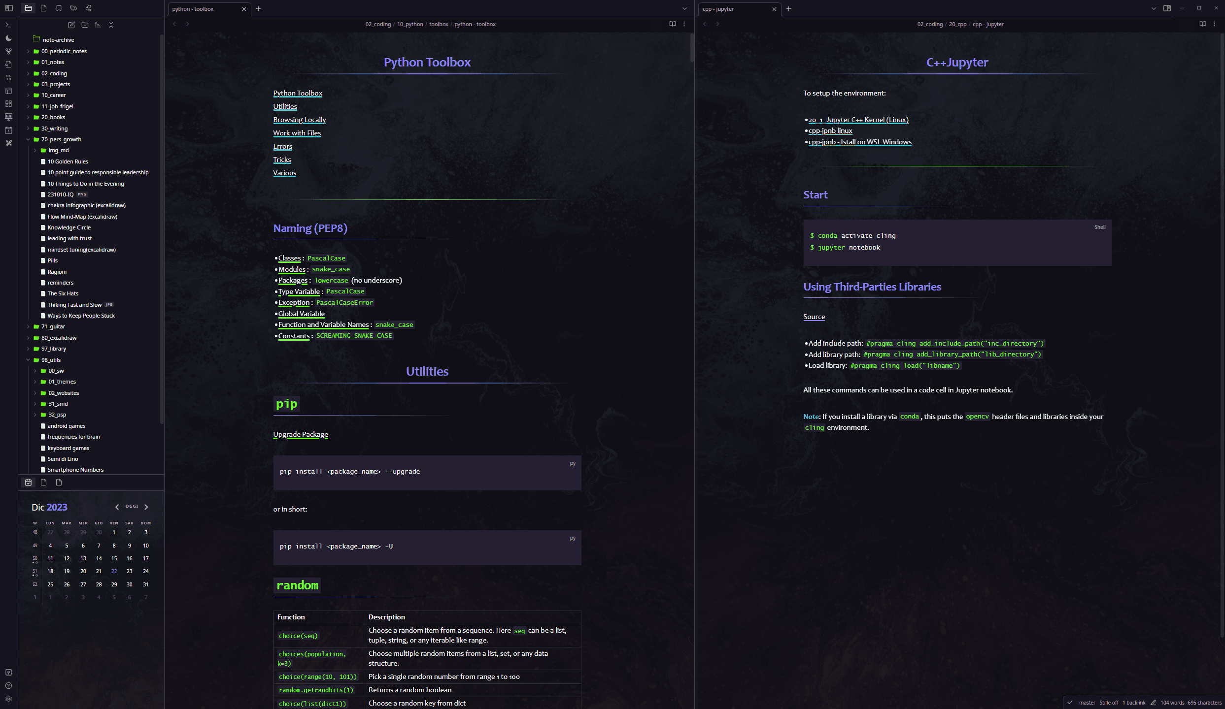 Screenshot of the Sparkling Night Obsidian theme