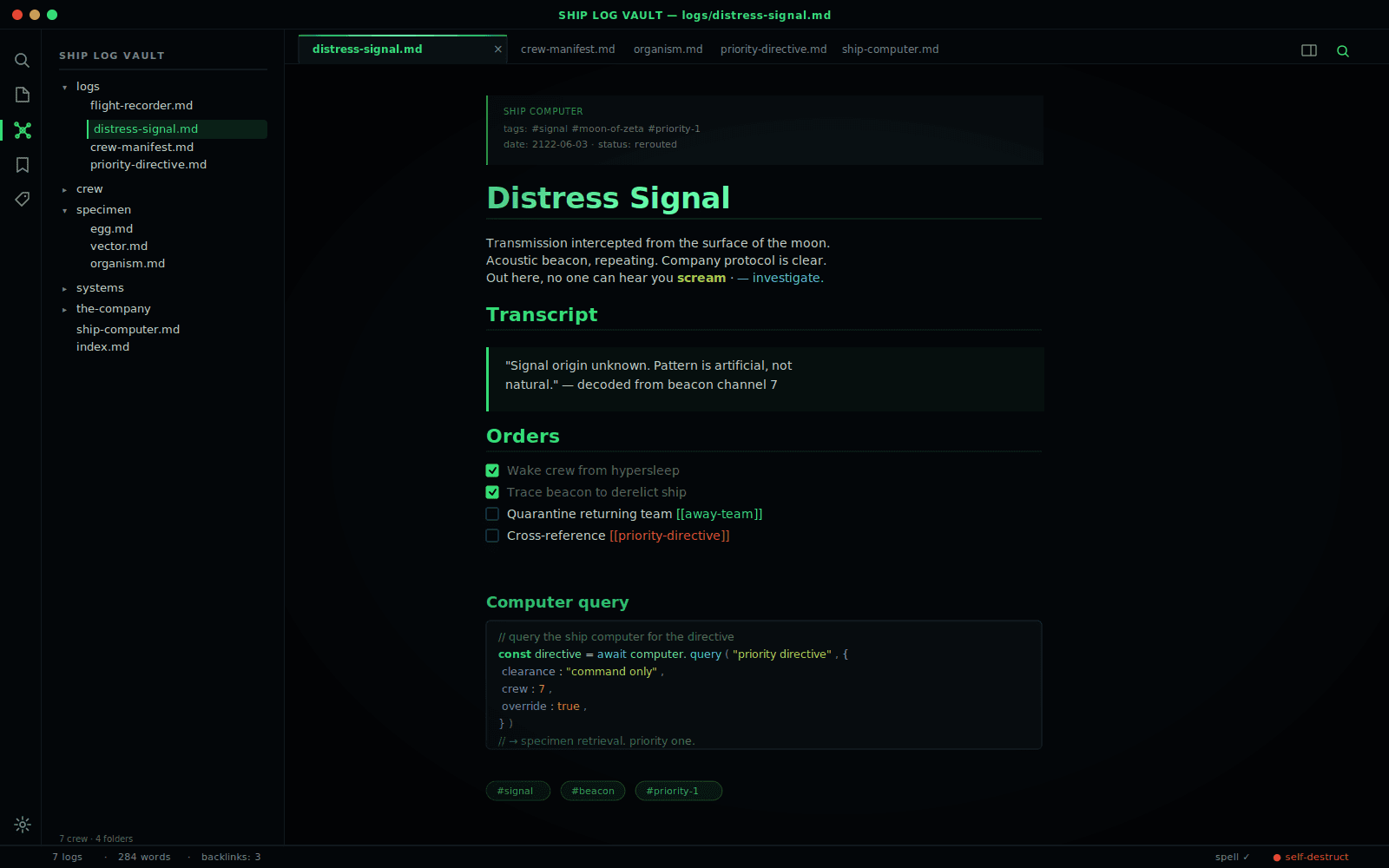 Screenshot of the Alien Obsidian theme