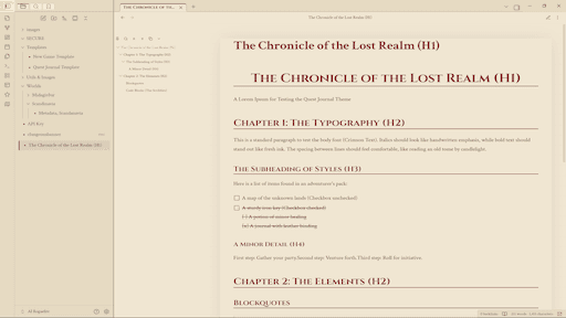 Screenshot of the Quest Journal Obsidian theme