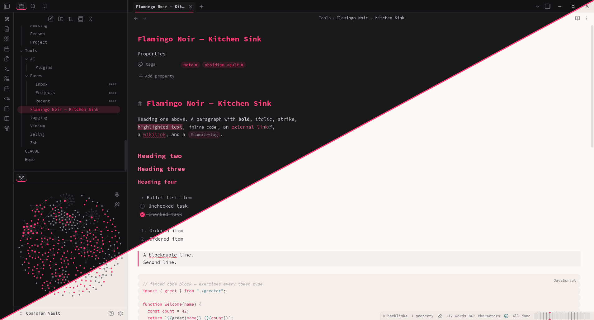 Screenshot of the Flamingo Noir Obsidian theme