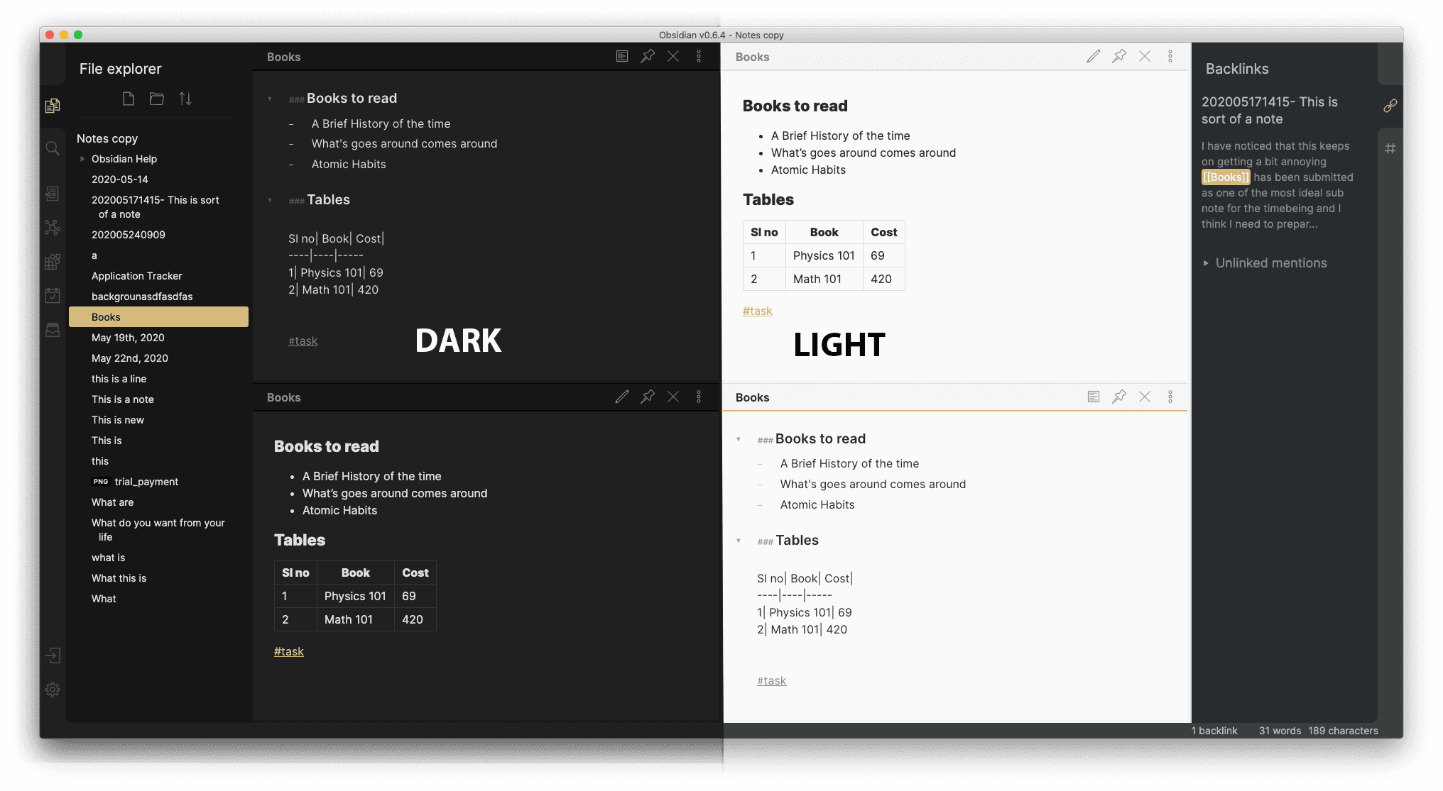 Screenshot of the Subtlegold Obsidian theme