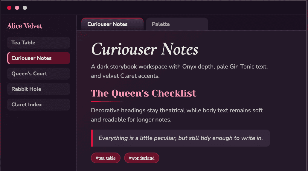 Screenshot of the Alice Velvet Obsidian theme