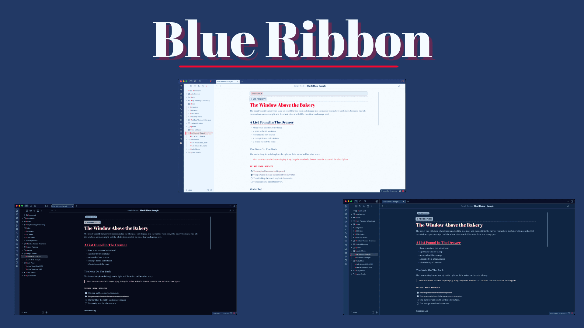 Screenshot of the Blue Ribbon Obsidian theme