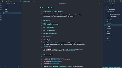 Screenshot of the Slatewave Obsidian theme