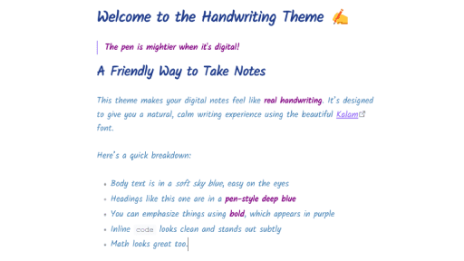 Screenshot of the Handwriting (Kalam) Obsidian theme