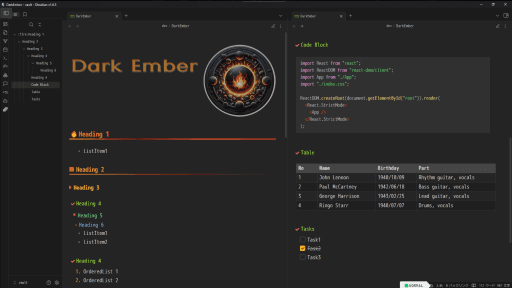 Screenshot of the DarkEmber Obsidian theme