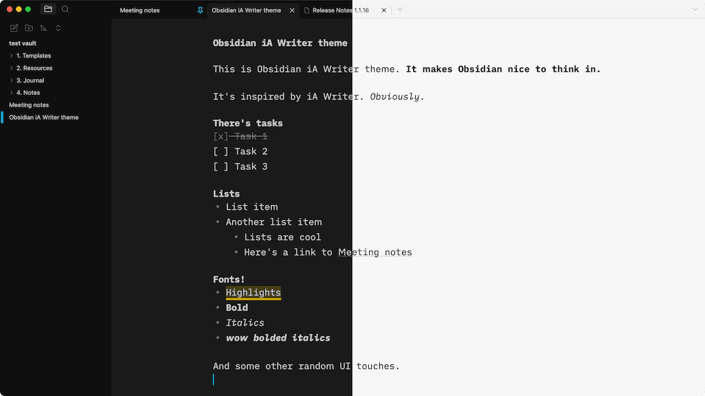 Screenshot of the iA Writer Obsidian theme