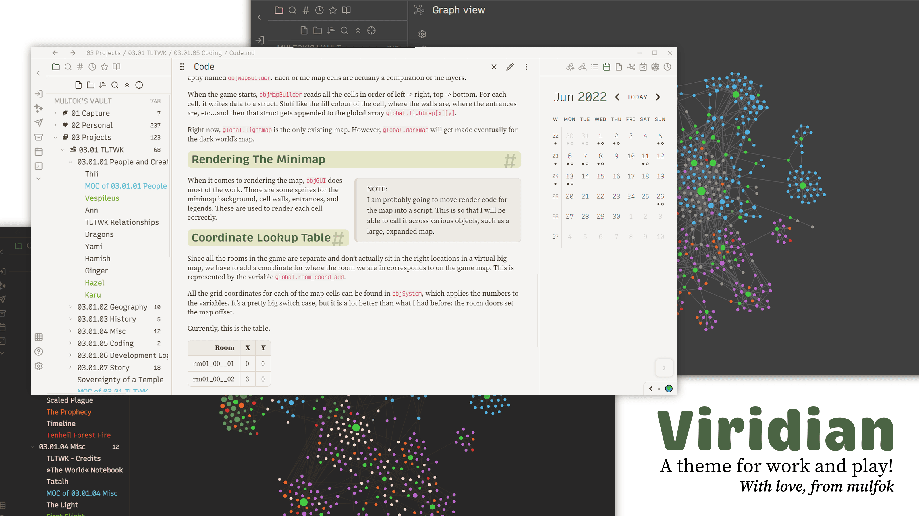 Screenshot of the Viridian Obsidian theme
