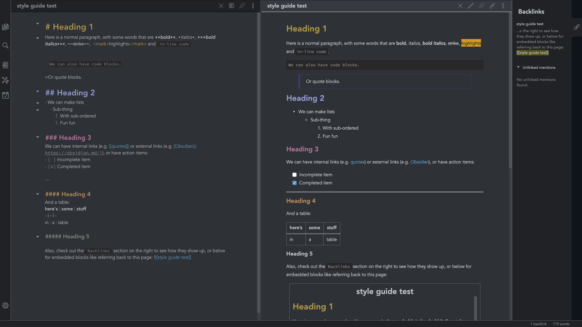 Screenshot of the Comfort color dark Obsidian theme