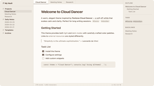 Screenshot of the Cloud Dancer Obsidian theme