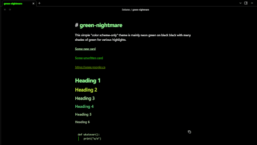 Screenshot of the Green Nightmare Obsidian theme