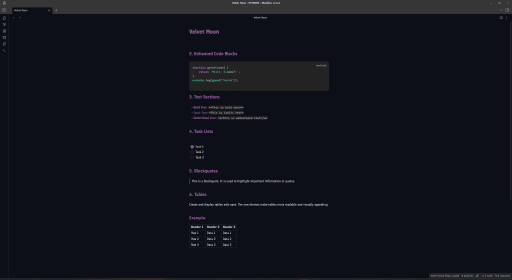 Screenshot of the Velvet-Moon Obsidian theme