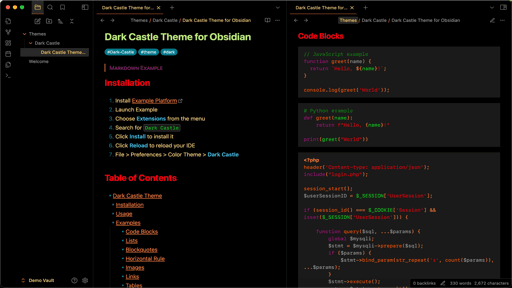 Screenshot of the Dark Castle Obsidian theme