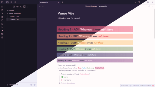 Screenshot of the Vesnea Vibe Obsidian theme