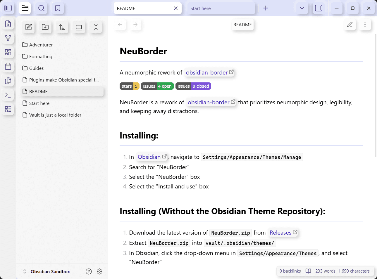 Screenshot of the NeuBorder Obsidian theme