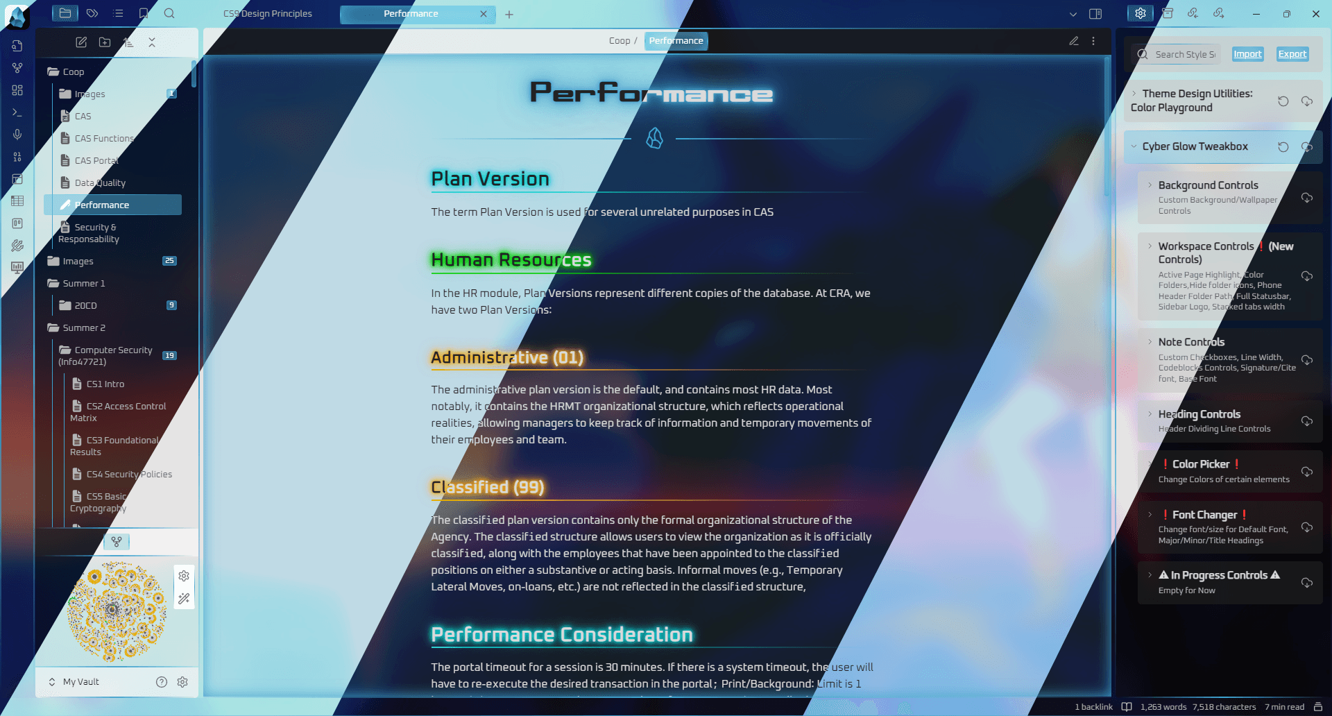 Screenshot of the Cyber Glow Obsidian theme