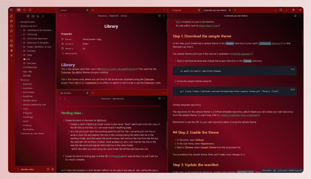 Screenshot of the Rose Red Obsidian theme
