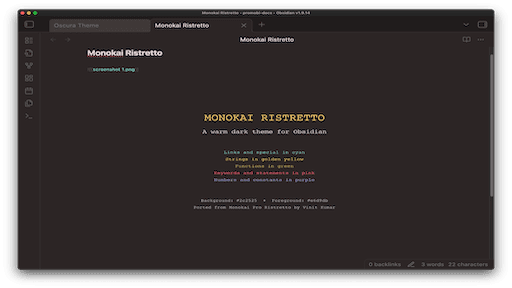 Screenshot of the Monokai Ristretto Obsidian theme