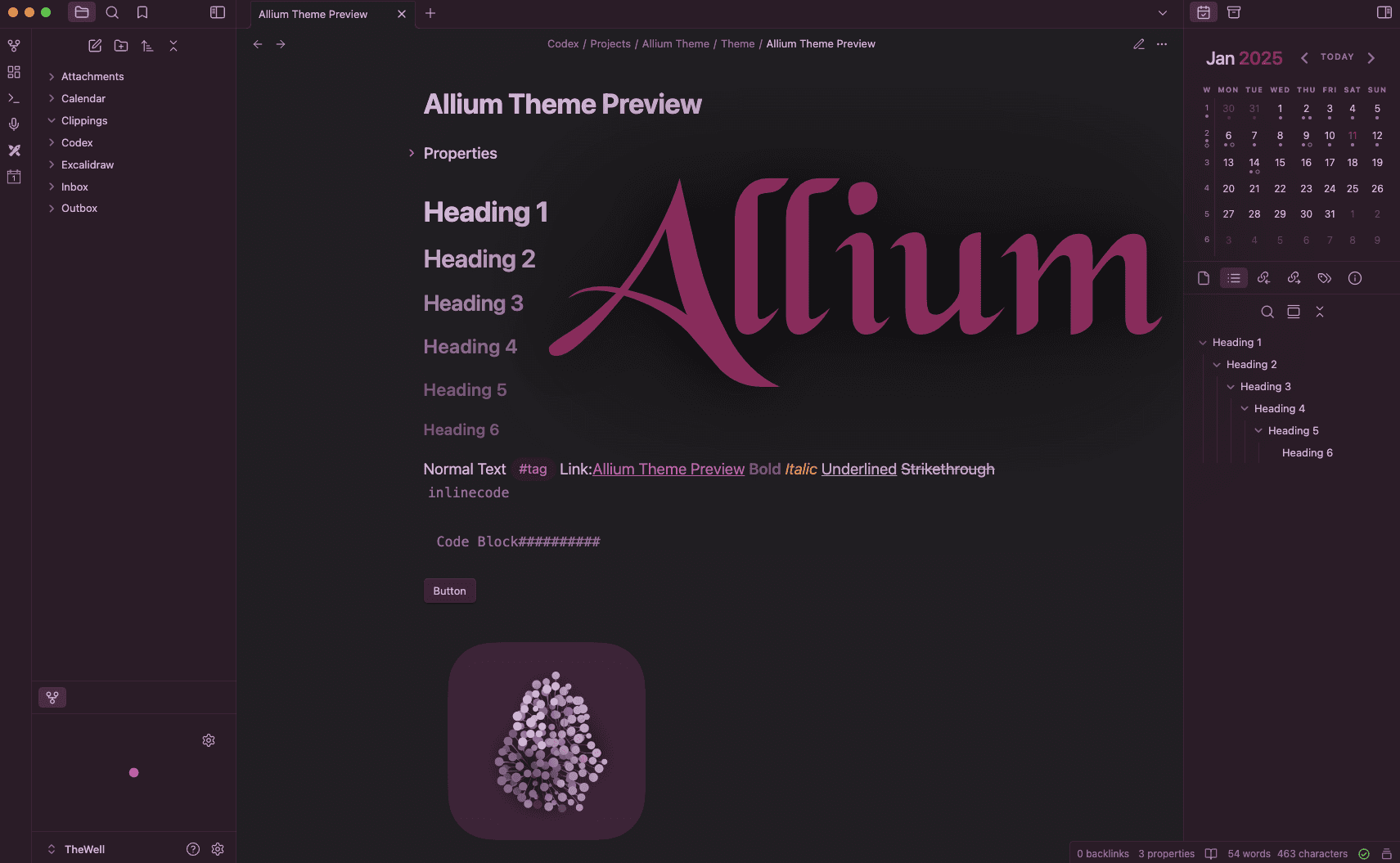 Screenshot of the Allium Obsidian theme