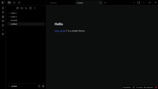 Screenshot of the calm nights Obsidian theme