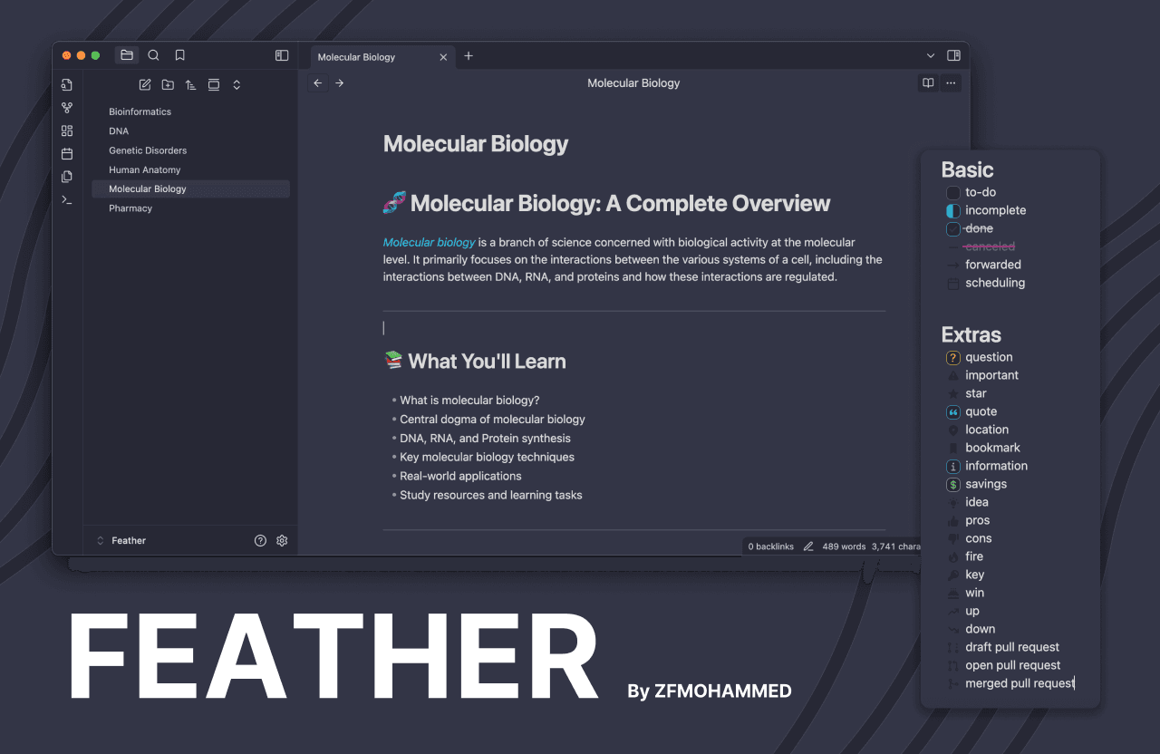 Screenshot of the Feather Obsidian theme