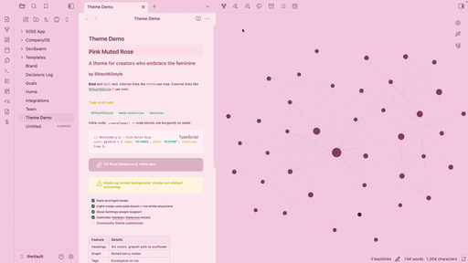 Screenshot of the Pink Muted Rose Obsidian theme