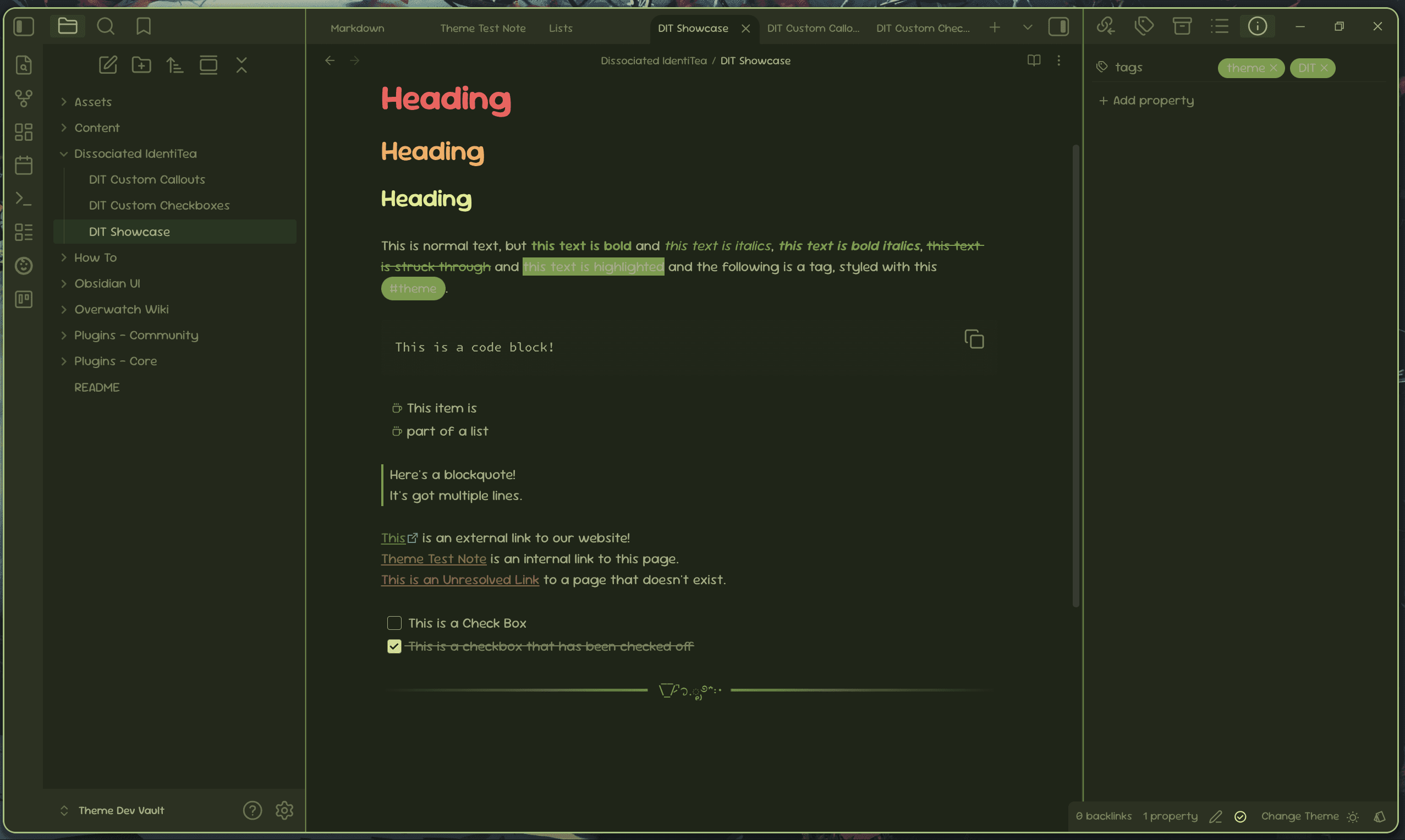Screenshot of the Dissociated IdentiTea Obsidian theme
