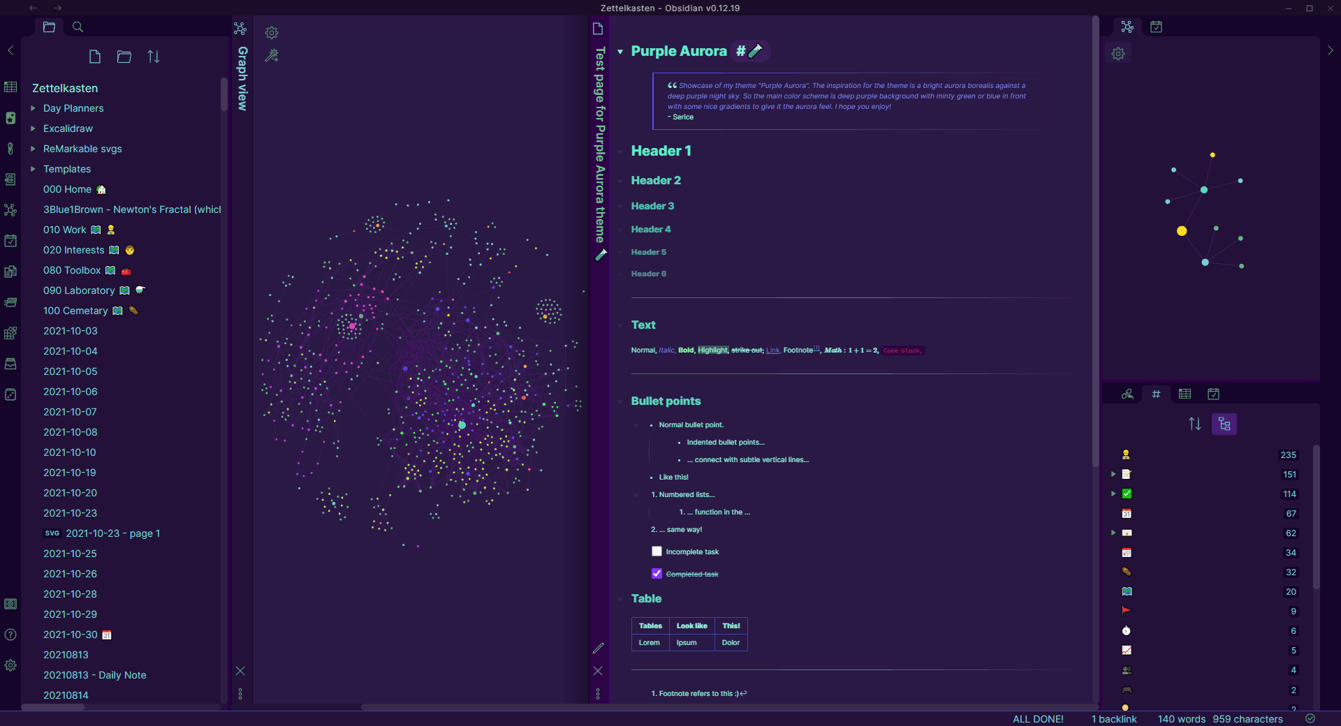 Screenshot of the Purple Aurora Obsidian theme