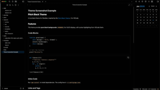 Screenshot of the Pitch Black Obsidian theme