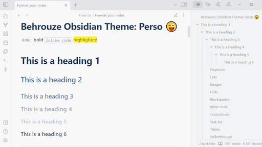 Screenshot of the Perso Obsidian theme