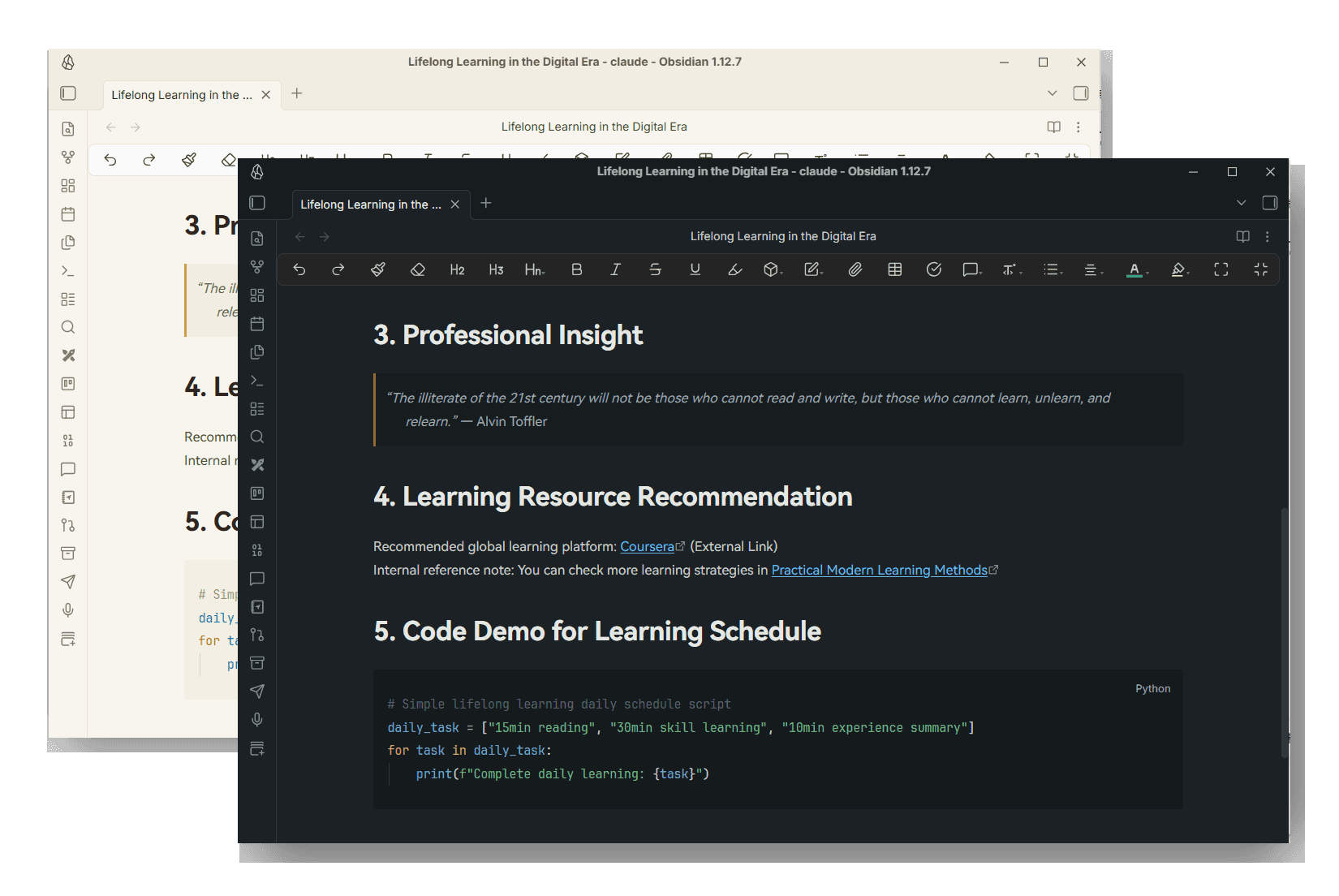 Screenshot of the Perch Obsidian theme