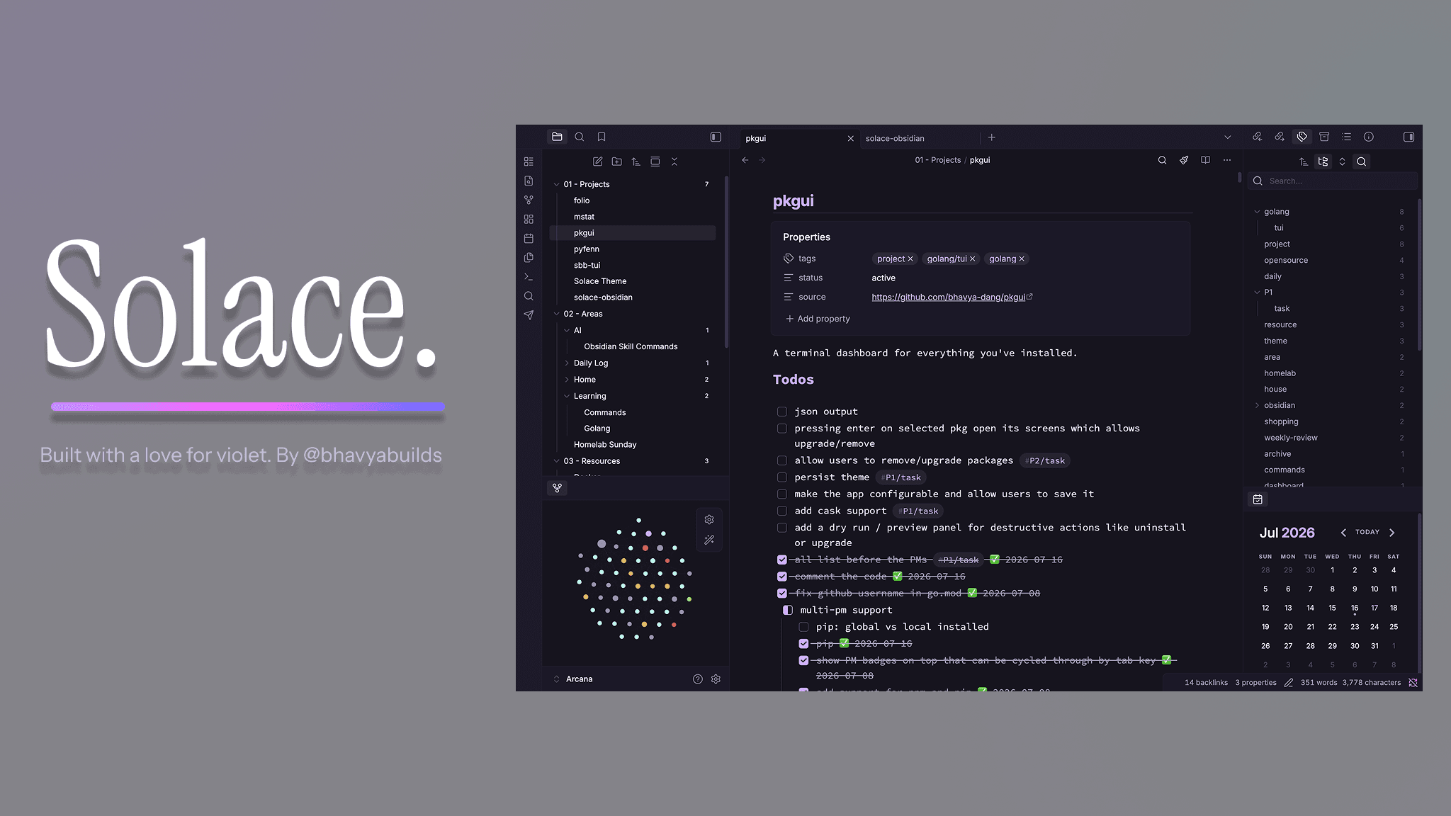 Screenshot of the Solace Obsidian theme