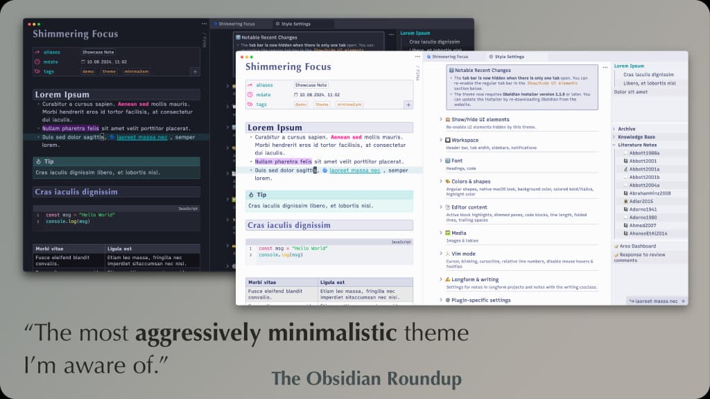 Screenshot of the Shimmering Focus Obsidian theme