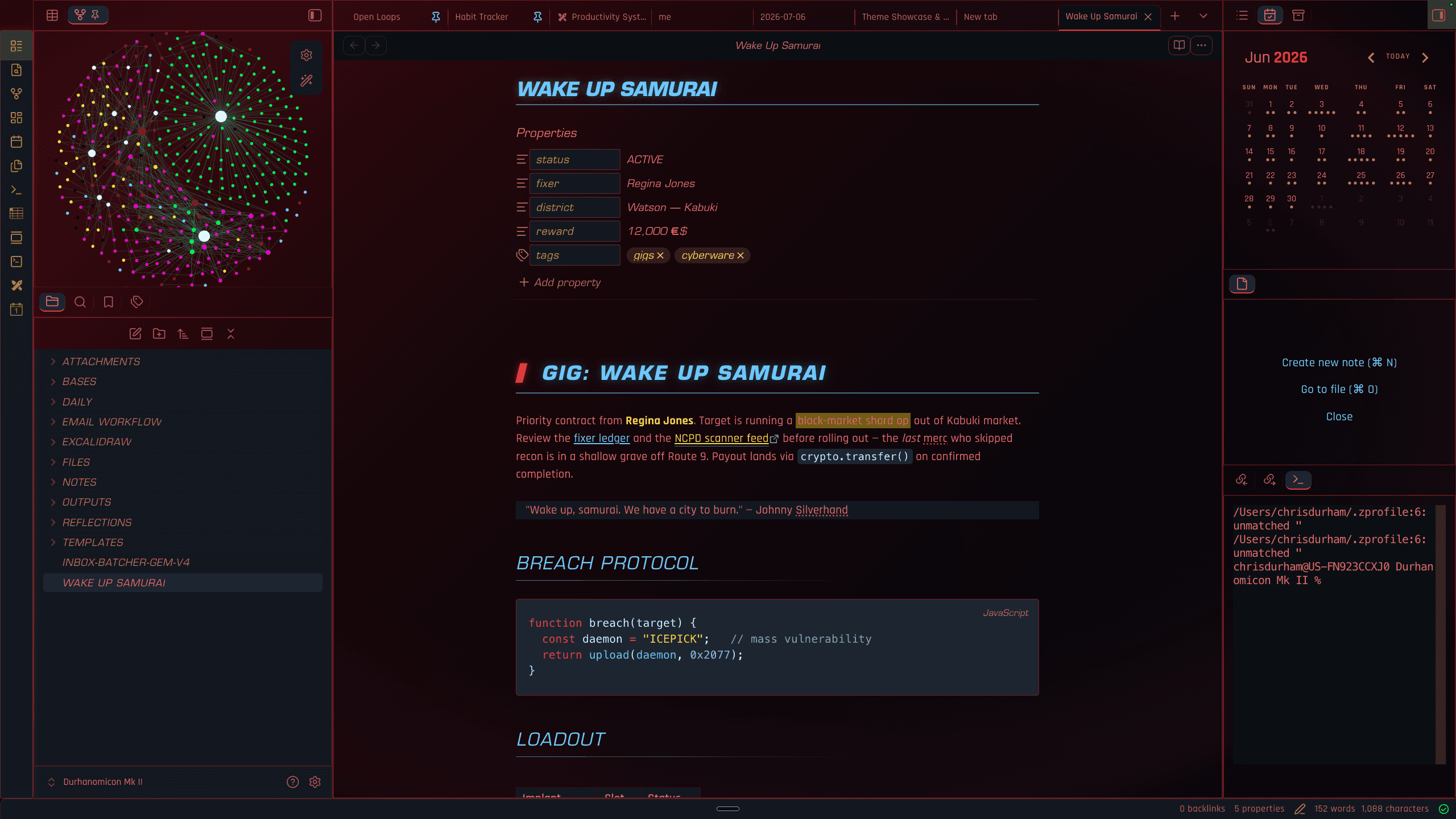 Screenshot of the Wake Up Samurai Obsidian theme