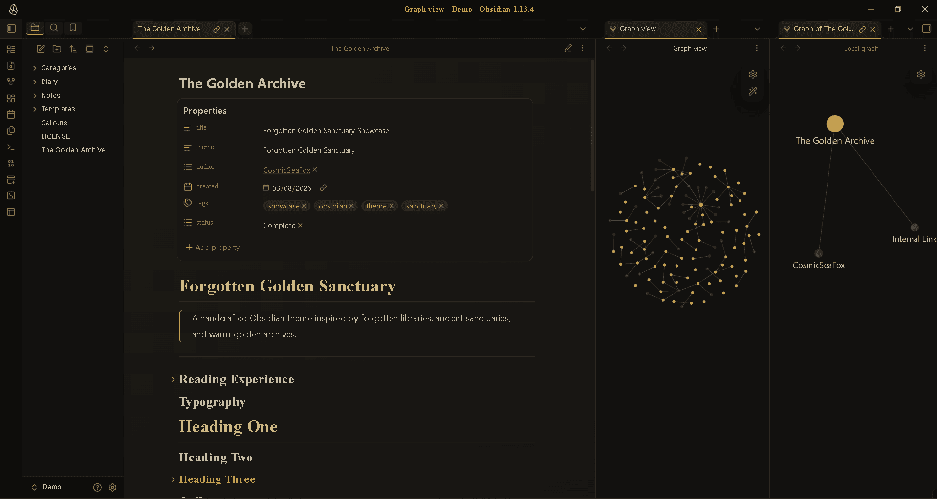 Screenshot of the Forgotten Golden Sanctuary Obsidian theme