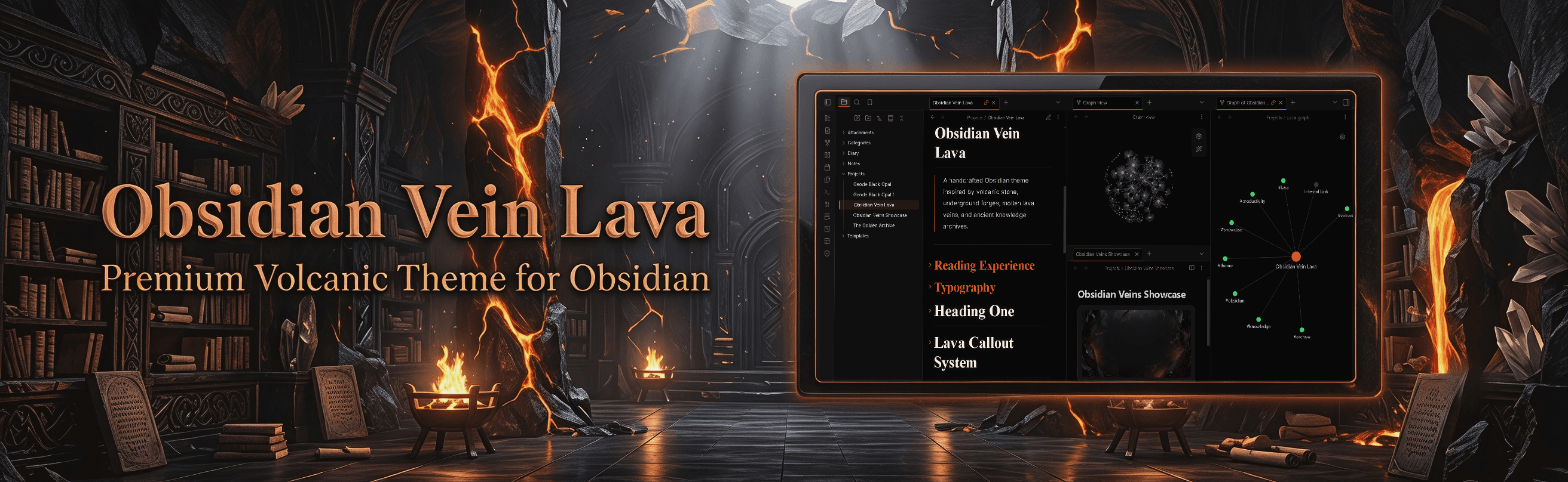 Screenshot of the Volcanic Vein Lava Obsidian theme