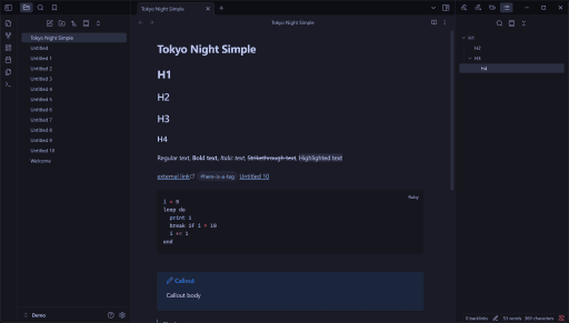 Screenshot of the Tokyo Night Simple Obsidian theme